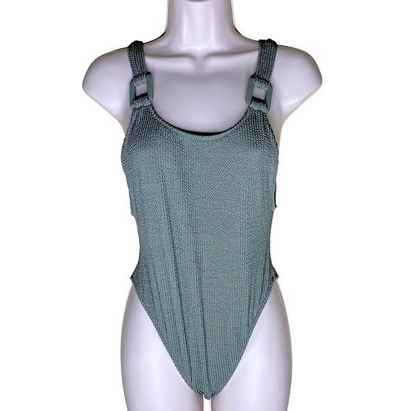 Aerie Shimmery Crinkle Birthday Scoop Cheekiest One Piece Swimsuit Green Size M - Picture 1 of 16